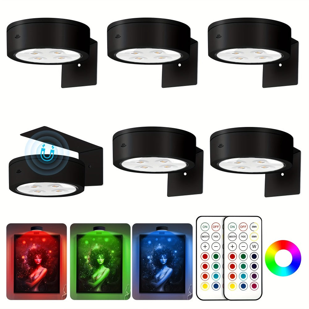 Picture Lights for Wall 13 RGB Color LED Art Light, Wireless Battery Operated Magnetic Painting Light with Remote, 3/6/12Pcs Puck Lights for Picture Frame Home Wall Decor