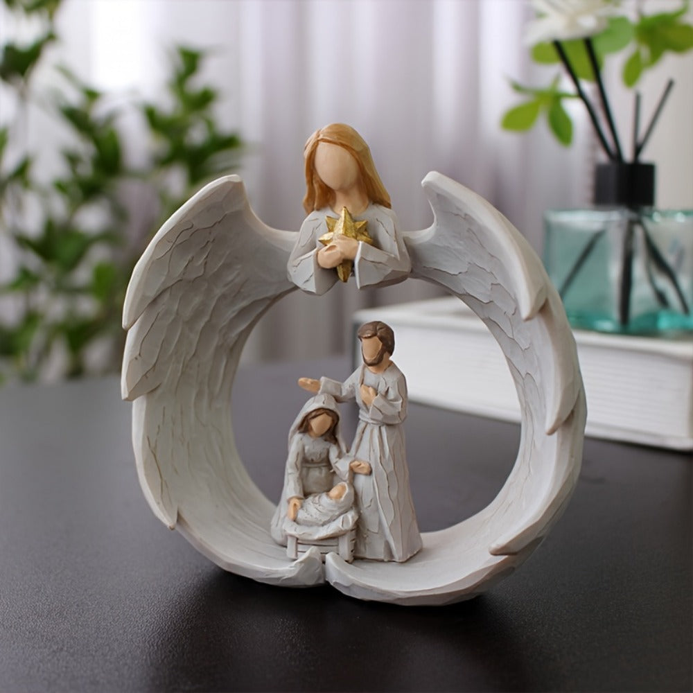 Nativity Scene Statue - Holy Family & Angel White Resin Figurine | Beautifully Crafted Religious Decor for Christmas, Easter & Holiday Indoor Decoration | Glam Faith Home Accent Gift