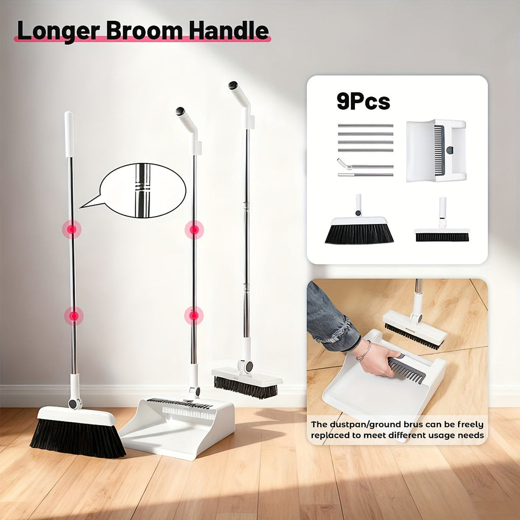 Broom and Dustpan Set with Long Handle - 2-in-1 3-in-1 4-in-1 Foldable Broom Dustpan Combo with Floor Brush for Home Office Dorm Room, Quick Dust Removal Household Cleaning Tool Set, White Pink Blue Orange Purple Grey