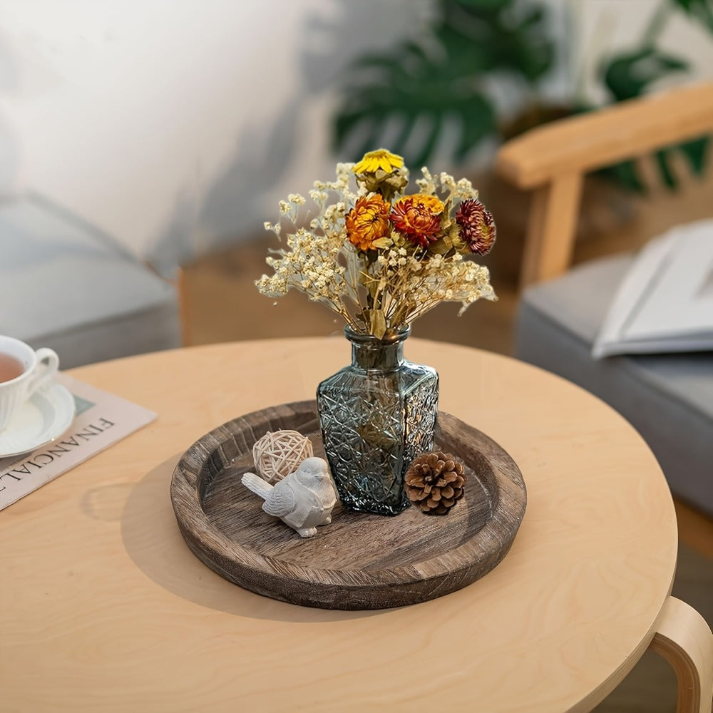 Decorative Tray for Coffee Table ¨C Round Wave-Shaped Centerpiece Tray for Living Room, Dining Room, Kitchen Counter, Bathroom ¨C Rustic Vintage Distressed Finish, Multipurpose Home Decor Tray