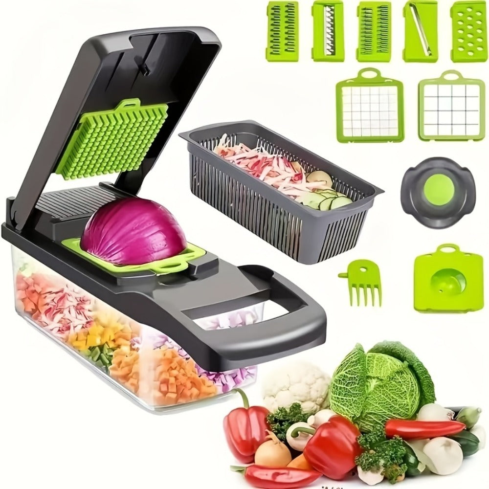 14-in-1 Vegetable Chopper & Food Dicer | Stainless Steel Blades, Large Capacity Collector, Egg Separator, Easy Clean ¨C Manual Kitchen Slicer Grater