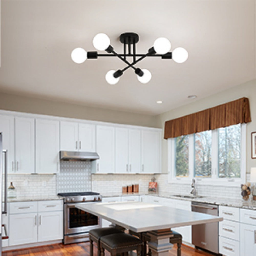 Sputnik Chandelier 6-Light Black Industrial Ceiling Light Fixture Semi Flush Mount for Bedroom Dining Room Living Room Kitchen