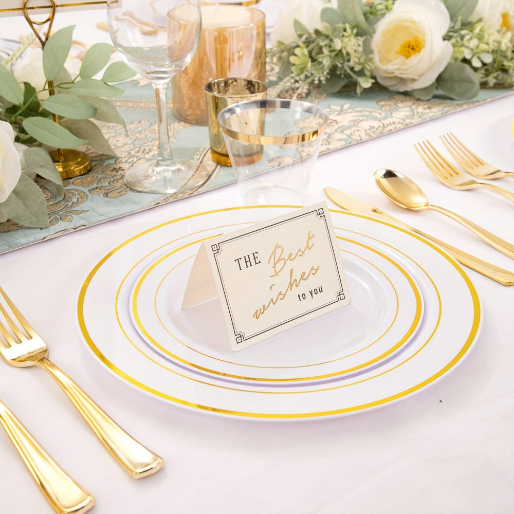 Gold Plastic Plates Disposable Dinnerware Set 350pcs ¨C 50 Dinner Plates, 50 Dessert Plates, 50 Gold Rim 9oz Cups & 50 Gold Cutlery Sets | Elegant Party Tableware for Wedding, Birthday & Holiday Events