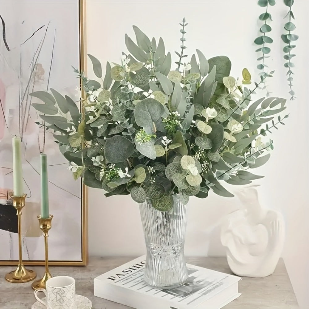 Artificial Eucalyptus Stems Bulk 50 56pcs Fake Flowers with 4 Leaf Varieties Lifelike Green Foliage Bouquet White Flowers for Wedding DIY Home Office Spring Valentine's Day St Patrick's Day Decor
