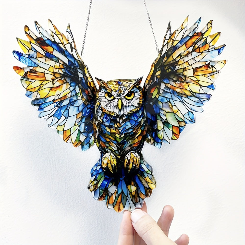 Owl Hanging Ornament Colorful Acrylic 6.7¡±x8¡±, 2D Flat Animal Wall Art Decoration for Christmas Tree, Home, Office & Outdoor, Unique Birthday & Anniversary Gift for Her ¨C Boho Bird Decor (1pc)