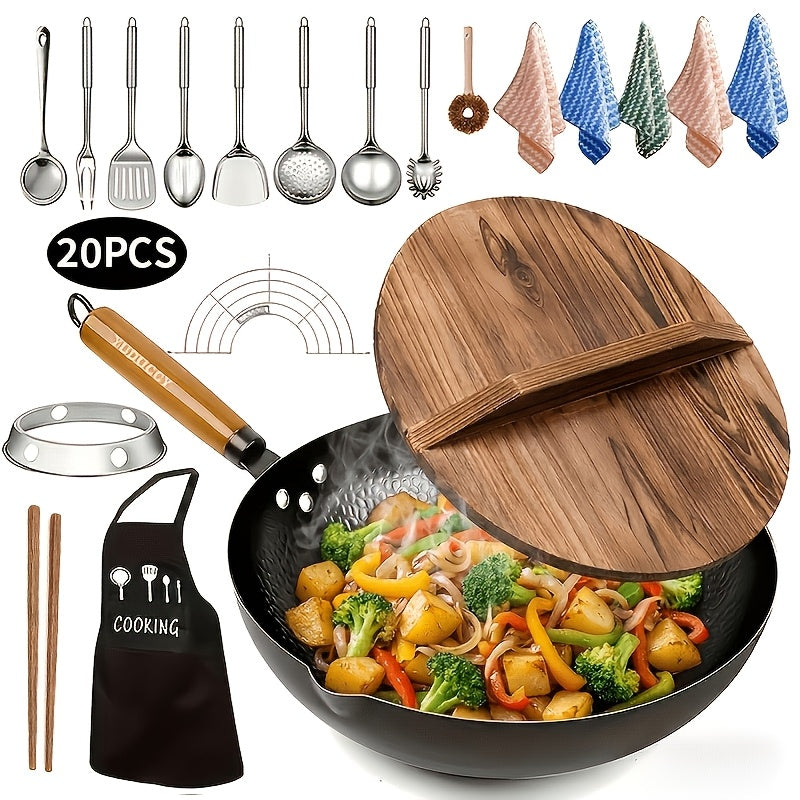 Carbon Steel Wok Set with Lid & Accessories ¨C 14-Piece Non-Stick Stir Fry Pan 12.6¡± for Gas Electric Induction All Stoves | Wok Pan with Spatula Brush Ring Utensils Kitchen Cooking Set
