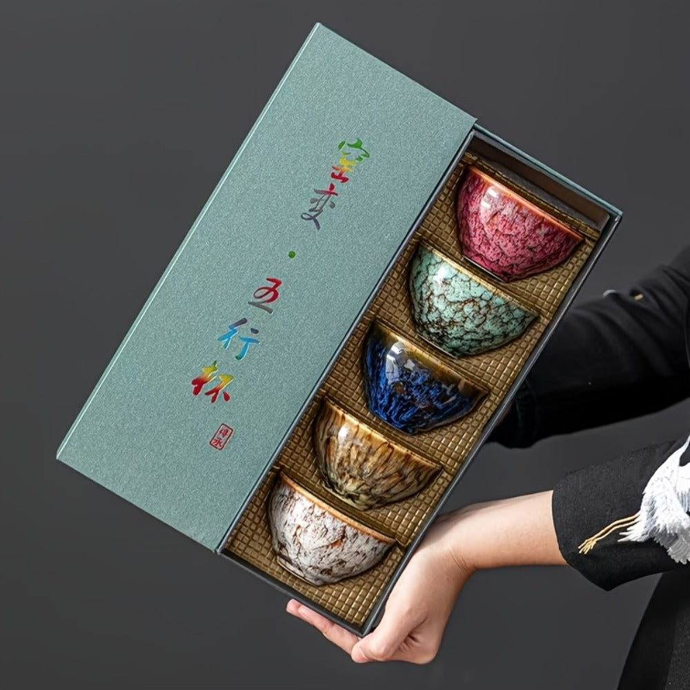 Kung Fu Tea Cups Set of 5 ¨C Handmade Kiln-Fired Jianzhan Ceramic Teacups ¨C Five-Element Design in 5 Colors with Gift Box ¨C Elegant Chinese Tea Ceremony Cup Gift for Business, Friends & Family