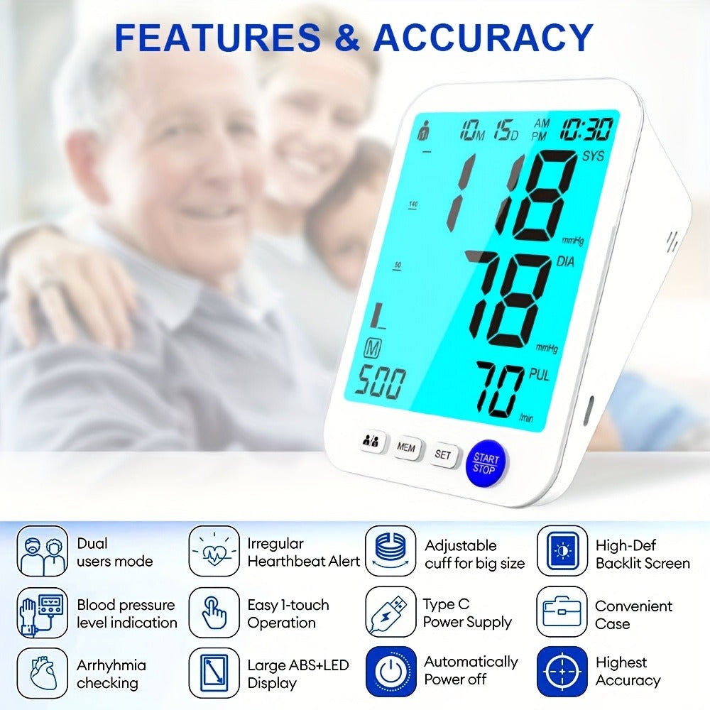 Upper Arm Blood Pressure Monitor Automatic ¨C Large LED Backlit Screen, Extra-Large Cuff, 1000-Reading Memory for 2 Users, One-Button BP Machine for Home Hypertension Management
