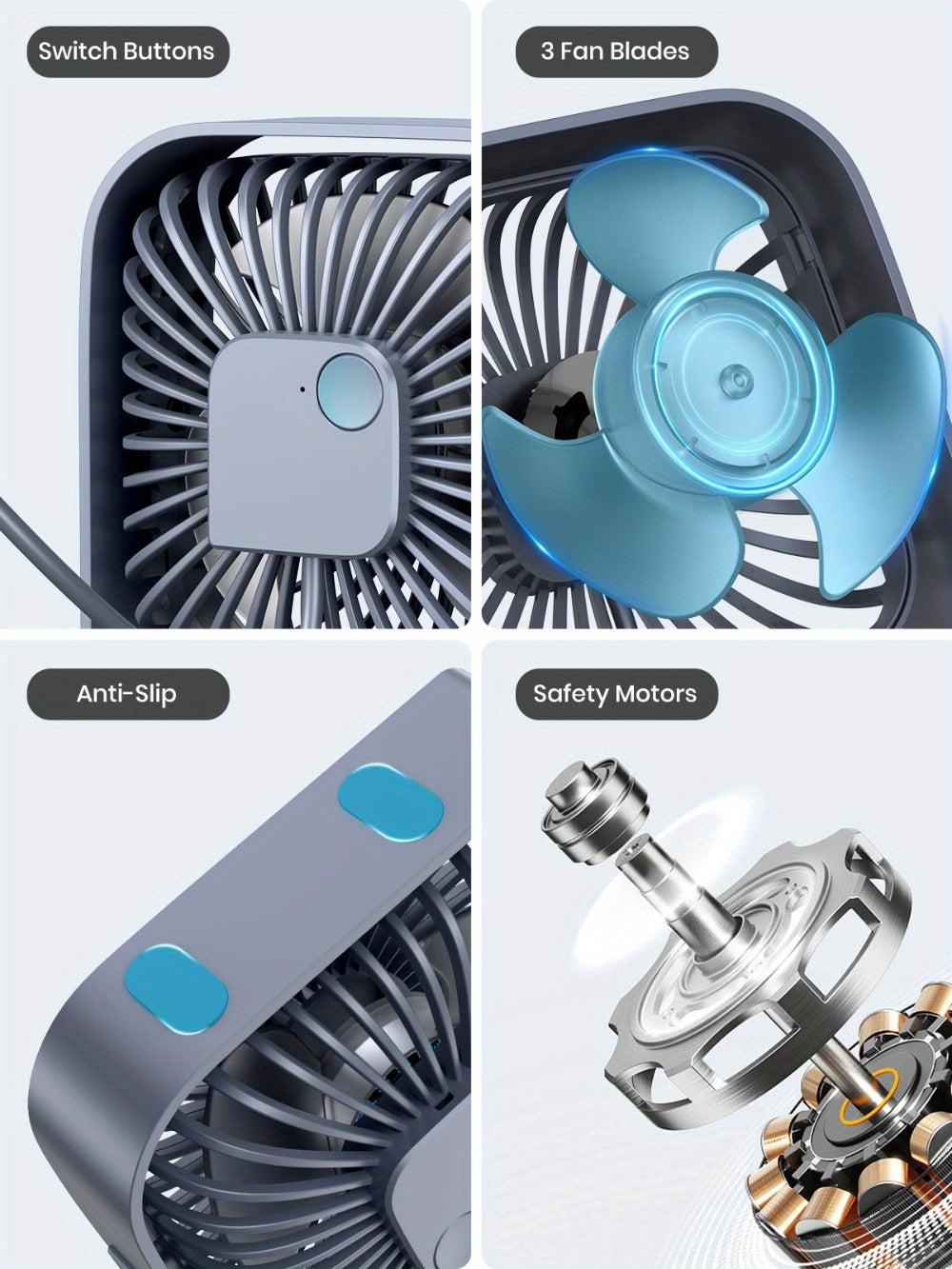 USB Desk Fan Portable, Small Personal Fan 3 Speed Settings 360¡ã Rotation Silent Operation, Compact Lightweight USB Powered Cooling Fan for Home Office Dorm Bedroom Travel, Grey Blue Pink White