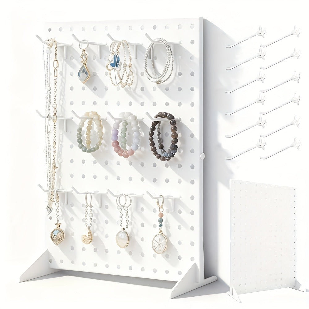 Pegboard Jewelry Display Stand with 12 Removable Peg Hooks Countertop Jewelry Organizer Rack Freestanding Iron Hole Board Display Tower for Necklace Earring Bracelet Ring Accessories Black White