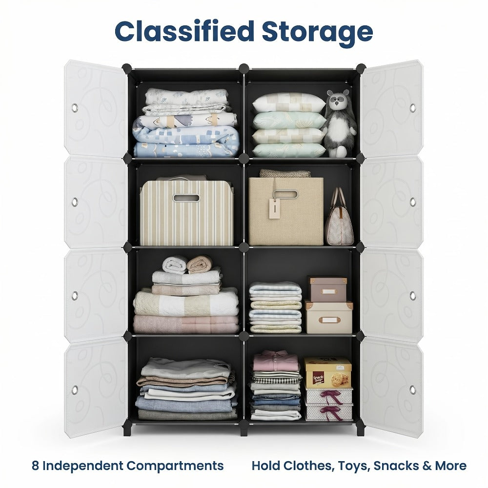Modular Storage Cabinet with Magnetic Door, 3-Tier & 4-Tier Closet Organizer, Large Capacity Wardrobe Storage Unit, Dust-Proof Odor-Free Stackable Shelves, Easy Assembly for Bedroom Dorm Apartment Living Room