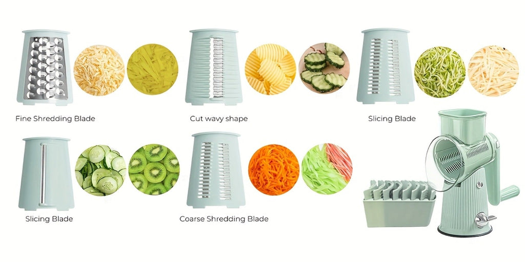 Rotary Cheese Grater with Interchangeable Blades ¨C 5-in-1 Manual Vegetable Slicer Shredder Set, Suction Cup Base, Easy to Clean, Multifunctional Kitchen Tool for Fruits, Vegetables & Nuts