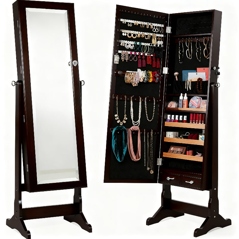 Jewelry Armoire Floor Standing 47.2¡± Full-Length Mirror Cabinet with 6 LED Lights Dual Lock, Jewelry Organizer for Necklaces Earrings Rings Bracelets, Bedroom Closet Storage 4 Colors