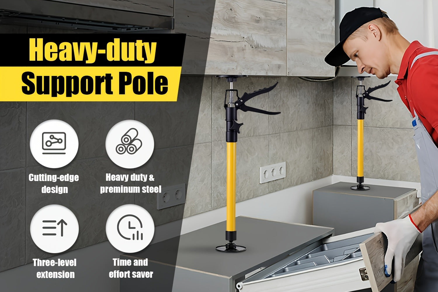 Telescopic Support Rods 2-Pack Third Hand Support System ¨C 11.8¨C45.3 Inch Adjustable Steel Props, 88 lb Load Capacity, Thickened Base, for Drywall, Cabinet, Panel & Ceiling Installation