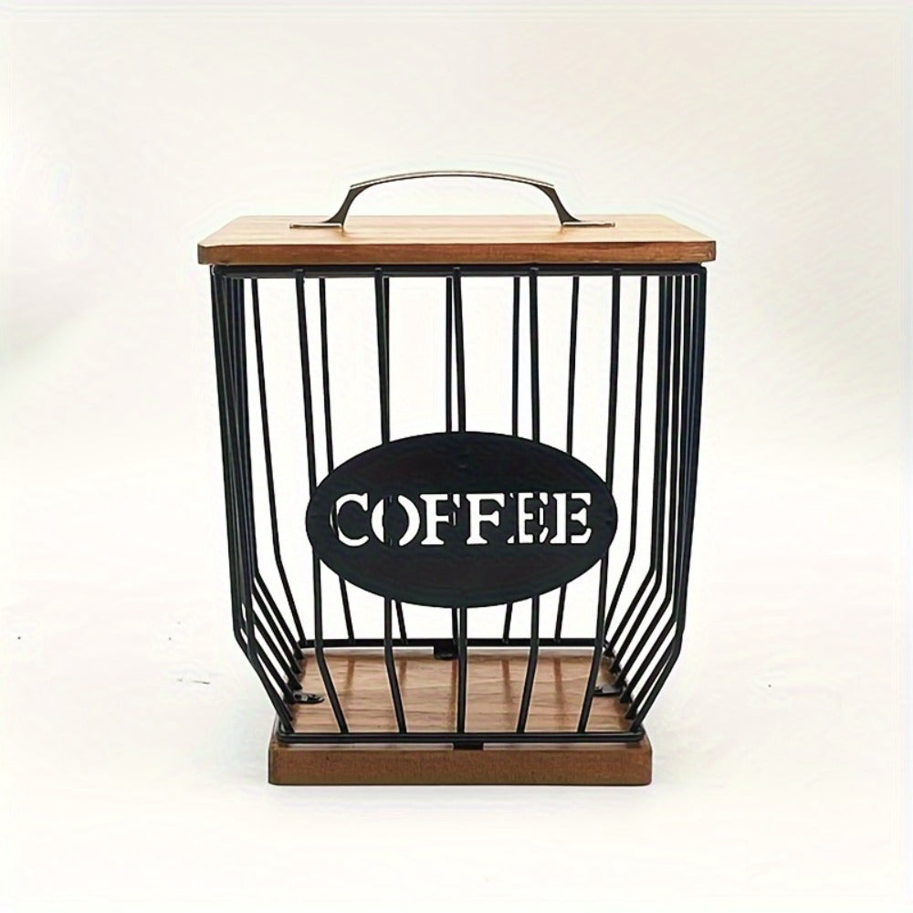 K-Cup Coffee Pod Holder Rack with Lid ¨C Large Capacity Black Metal Square Coffee Capsule Storage Organizer with Wooden Base, Modern Coffee Bar Countertop Decoration for Coffee Beans & Capsules ¨C Black