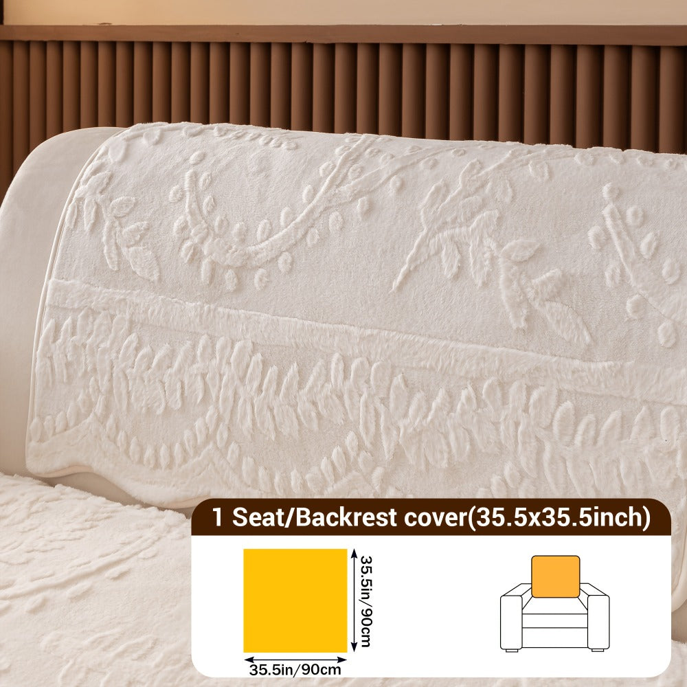 Faux Rabbit Fur Plush Sofa Cover Non-Slip | Thickened Quilted Couch Cushion, Machine Washable Pet Friendly, 1 to 4 Seat Armrest Backrest, White Light Grey Brown, Home Winter Decor