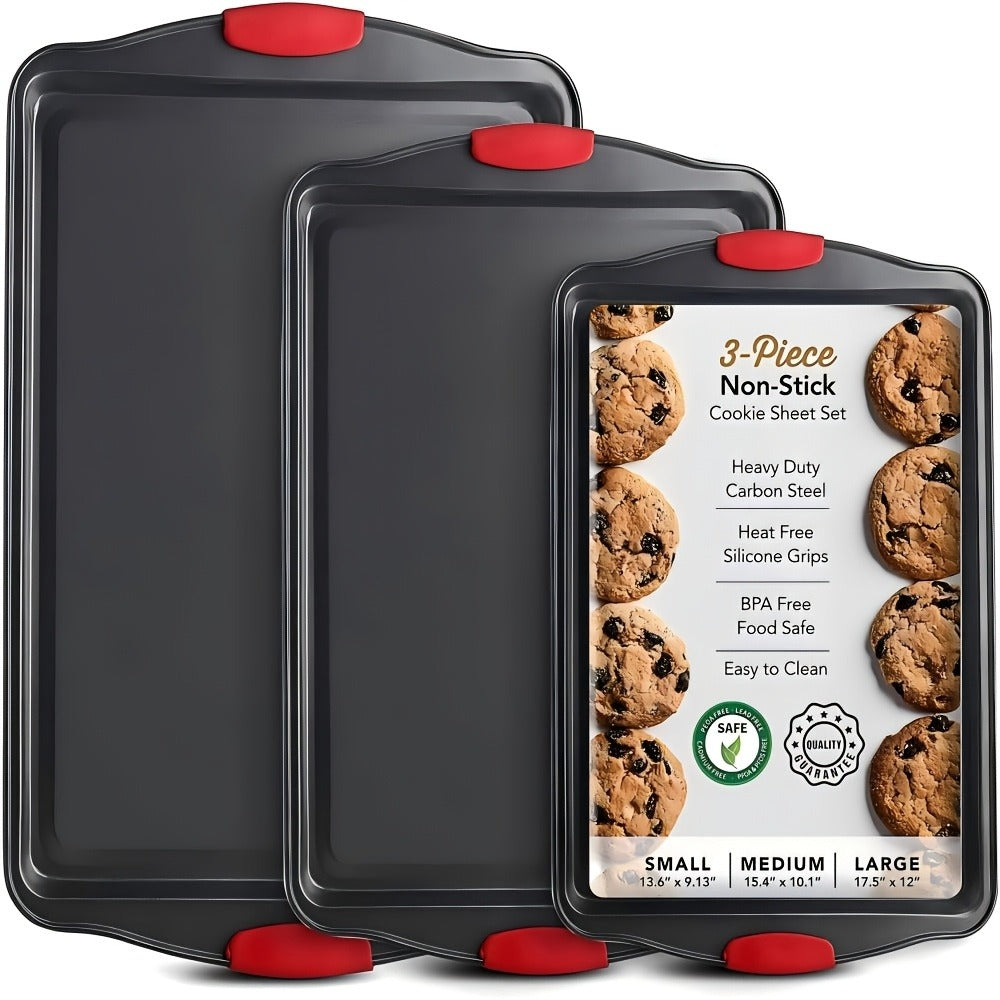 Nonstick Baking Pan Set of 3, Carbon Steel Baking Sheets with Red Silicone Handles, Double-Sided Non-Stick Coating, Oven & Toaster Safe, Professional Bakeware for Home & Commercial Kitchen Use
