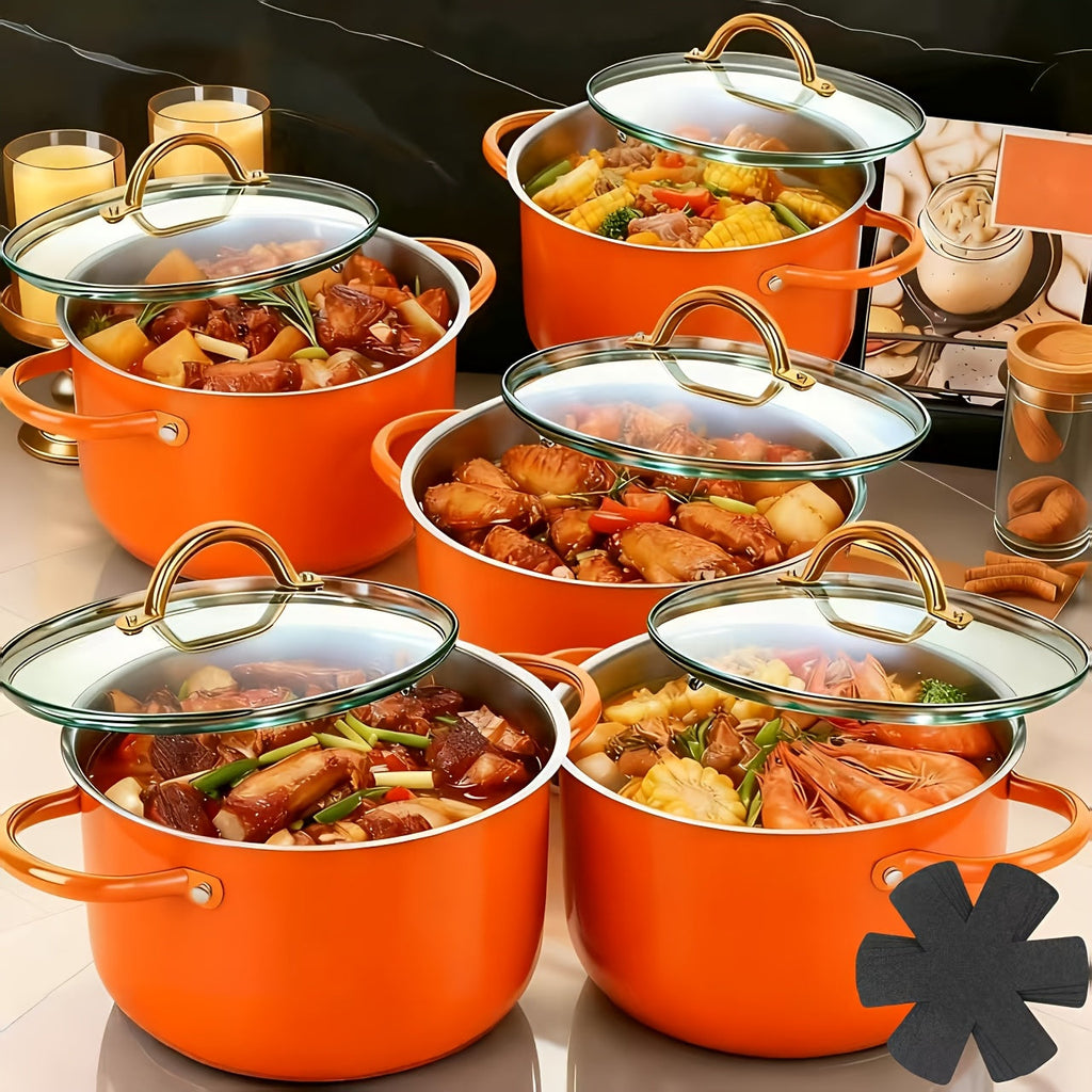 Stainless Steel Non-Stick Cookware Set 1 11 & 13 Piece ¨C Non-Toxic Dishwasher & Oven Safe Kitchen Cooking Set | Frying Boiling Stir-Fry Pots and Pans | Golden Silver Pink Orange Home & Catering
