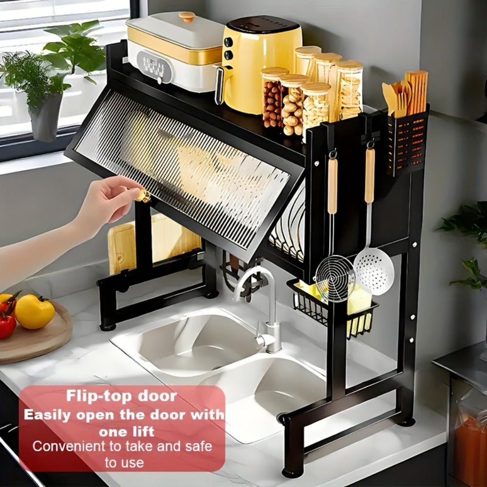 Dish Drying Rack Multi-Layer Kitchen Countertop Organizer - Dust-Free Drainer for Plates Bowls Utensils, Black Large Capacity Dish Rack