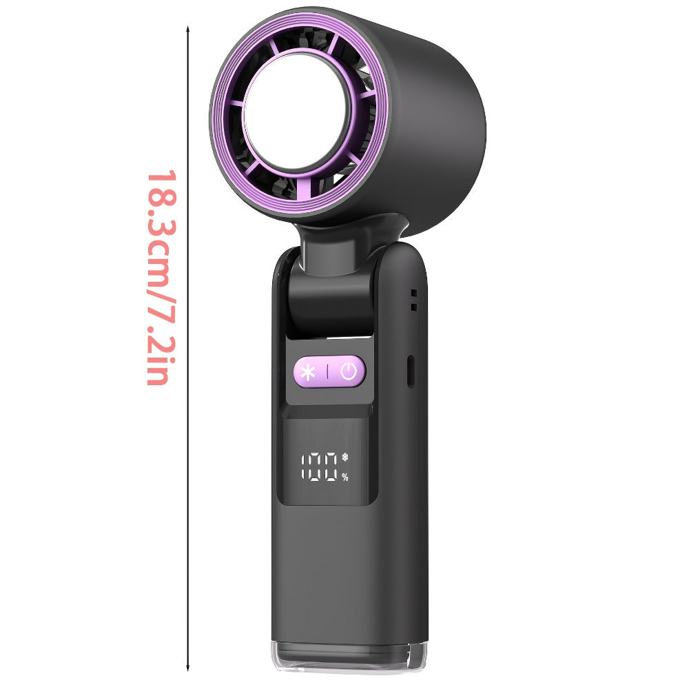 Handheld Ice Pack Fan High-Speed Semiconductor Cooling | 100-Speed Digital Display Turbo Fan with LED Light, Foldable Portable Design for Outdoor, Travel & Daily Use ¨C Purple, Beige, Pink, Black & White