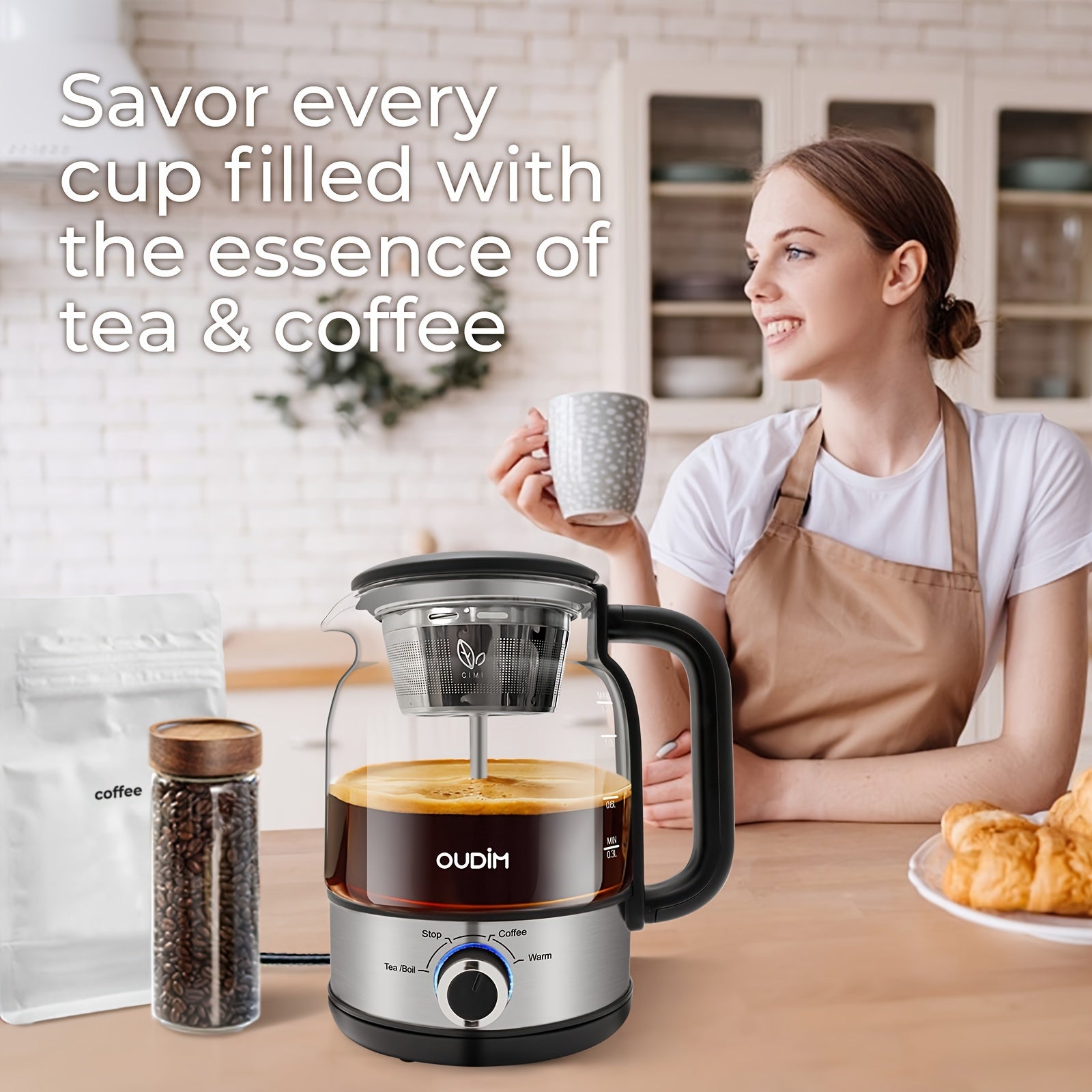 Drip Coffee Maker Electric Kettle 600W 40.58oz BPA-Free Glass Stainless Steel Spray Brew Keep Warm Boil-Dry Protection for Coffee Tea Perfect Gift