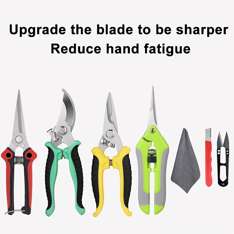 Gardening Pruning Tool Set 8 Piece Stainless Steel | Pruning Shears Scissors Pliers Ergonomic Handle with Wiping Cloth | Lawn Tree Garden Care Kit Orange Yellow Green