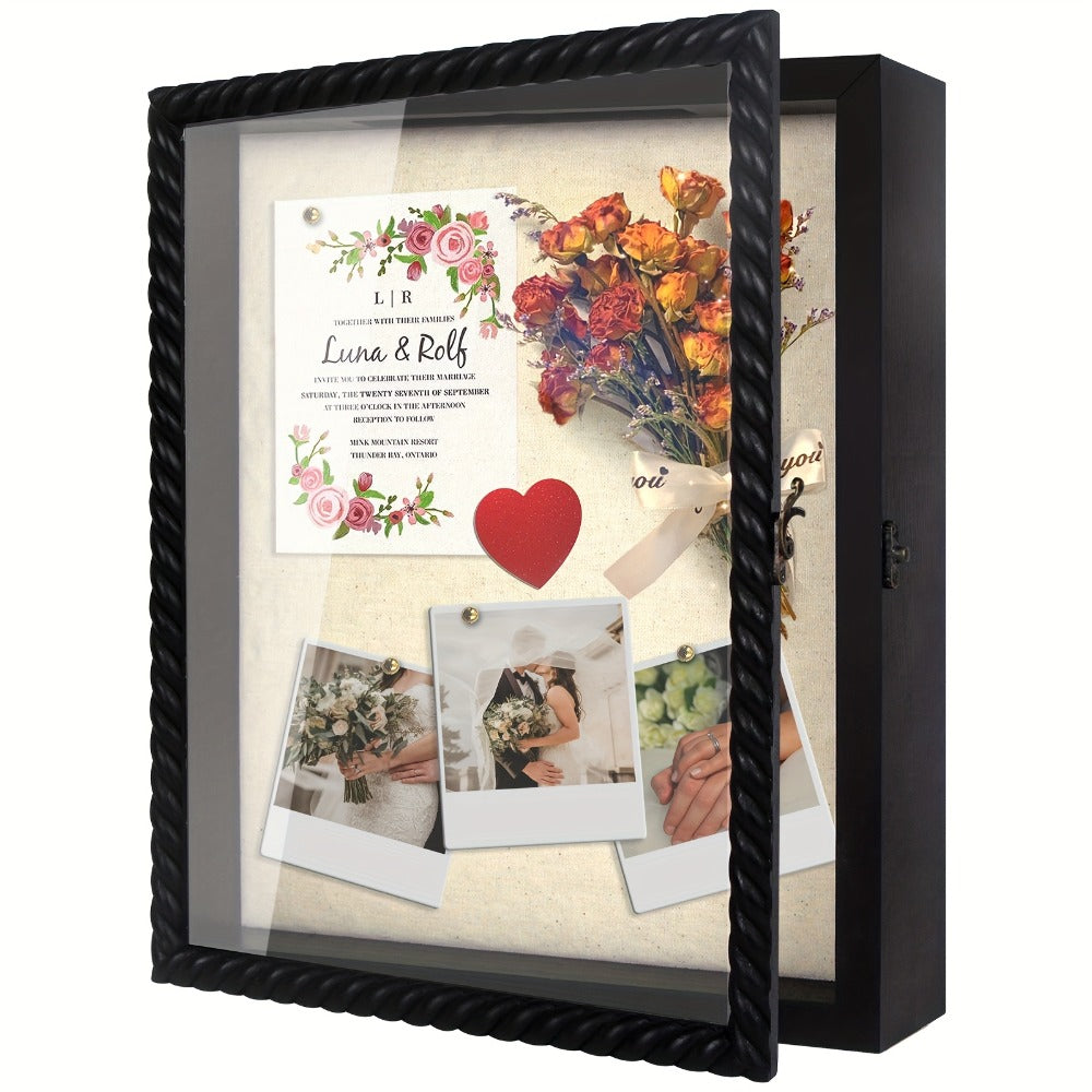 Shadow Box Frame with Linen Back ¨C Large Rustic Memory Display Case 11x14 & 12x16 Inch for Photos, Medals, Coins, Pins, Flowers & Collectibles, 4 Removable Shelves, Black White Brown