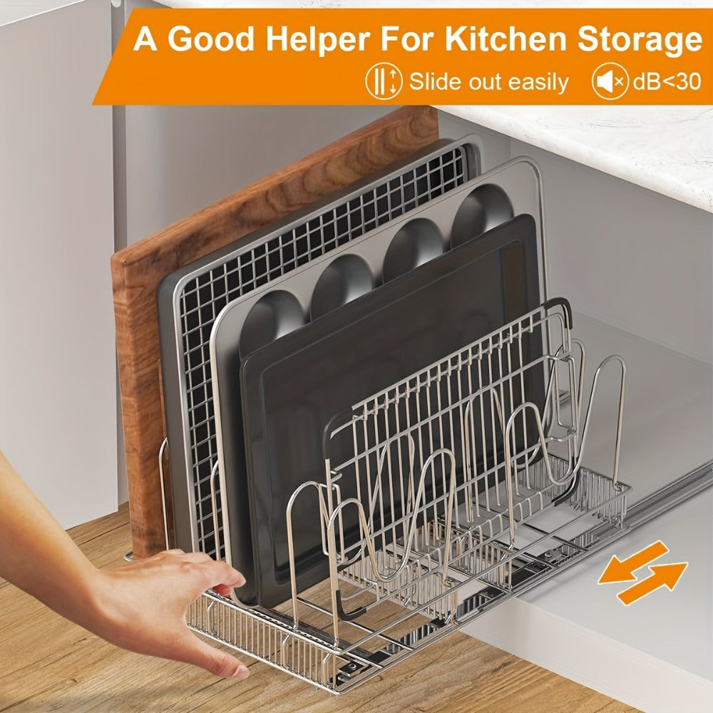 Cabinet Pot & Pan Organizer Rack with 10 Adjustable Dividers, 11¡±W x 17.5¡±D x 8.3¡±H, Chrome Steel Kitchen Storage