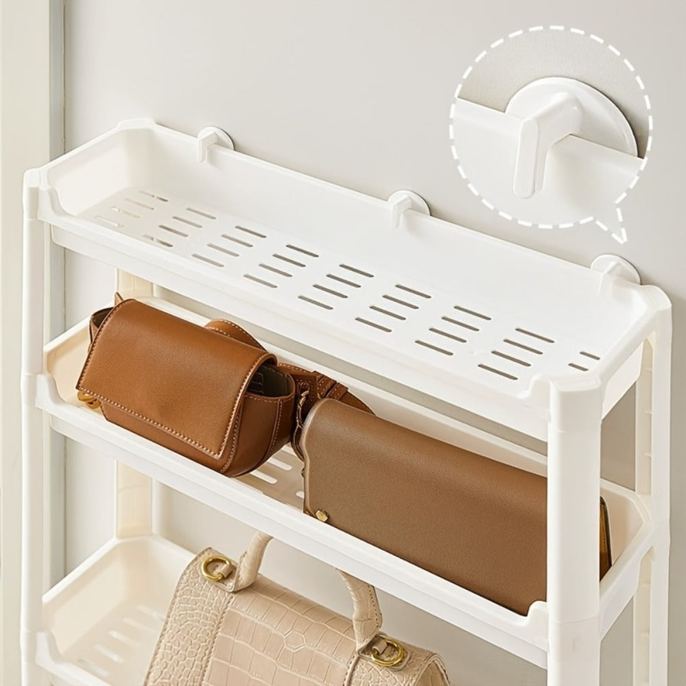 Behind Door Storage Rack, Multi-Layer Slim Organizer for Bathroom & Kitchen, Space Saving Over Door Shelf, Narrow Cabinet Rack with Fixed Hook, Plastic Stackable Storage