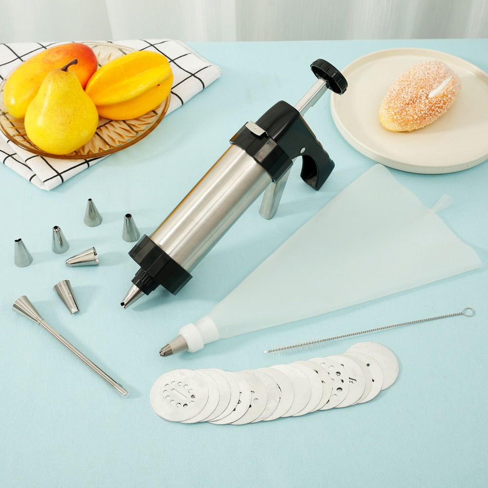 Cookie Press Kit Stainless Steel - 16 Cookie Discs & 8 Icing Tips, Biscuit Press Maker for Christmas Holiday Baking, Cake Dessert Decorating Tool Set with Cleaning Brush