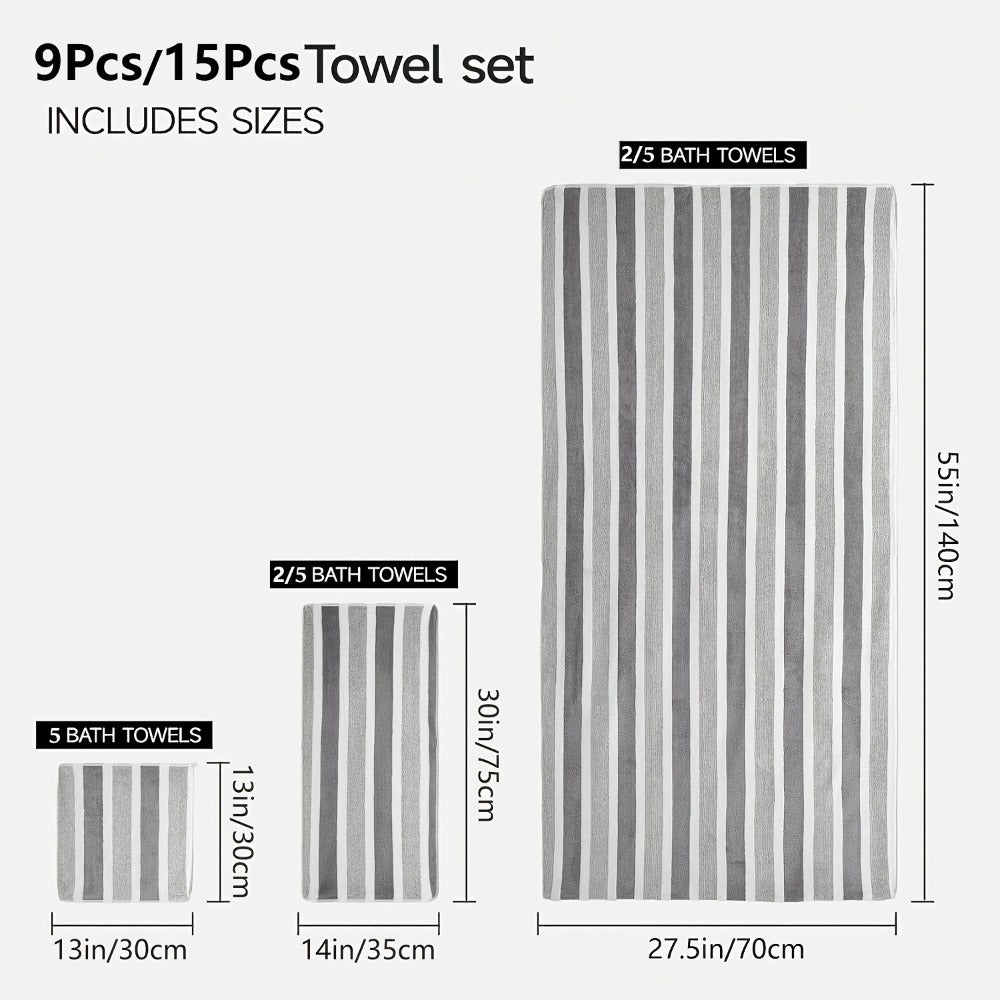 Coral Fleece Towel Set 9 or 15 Piece No Hair Loss 320GSM - Super Soft Absorbent Two-Color Striped | 2 Bath 2 Face 5 Hand Towels | Gray Brown Red Green Blue Mixed | Bathroom Beach Essentials