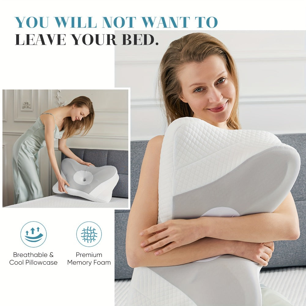 Memory Foam Cervical Pillow Ergonomic Contour Neck Support Orthopedic Bed Pillow for Side Back Stomach Sleepers with Cooling Pillowcase Queen King