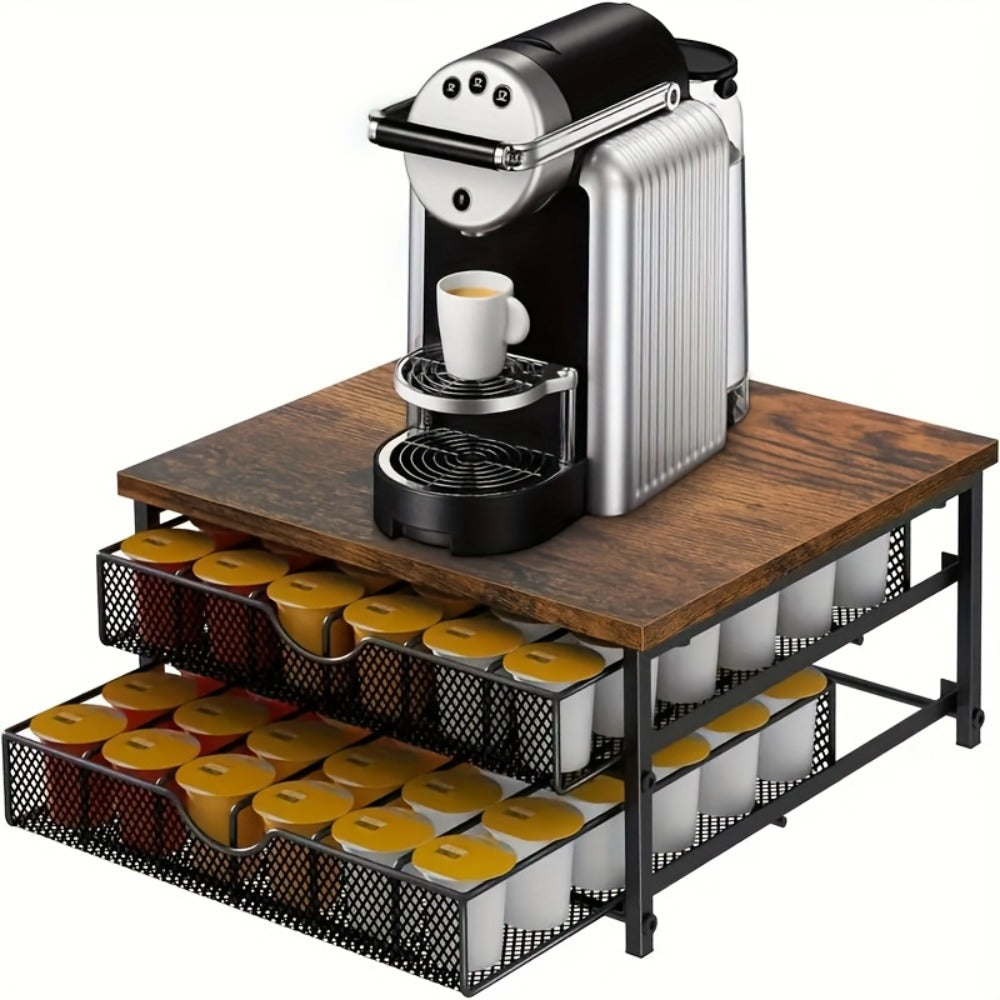 Coffee Pod Holder K-Cup Storage Drawer with Sliding Basket | 48-Capsule Double Layer Coffee Capsule Organizer for Countertop | Compatible with Nespresso Keurig Pods | Brown Coffee Bar Accessory
