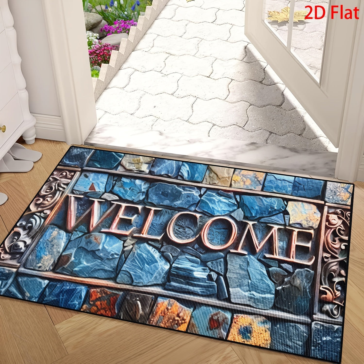Non-Slip Welcome Doormat Stone Pattern Entrance Carpet Indoor Outdoor Floor Mat