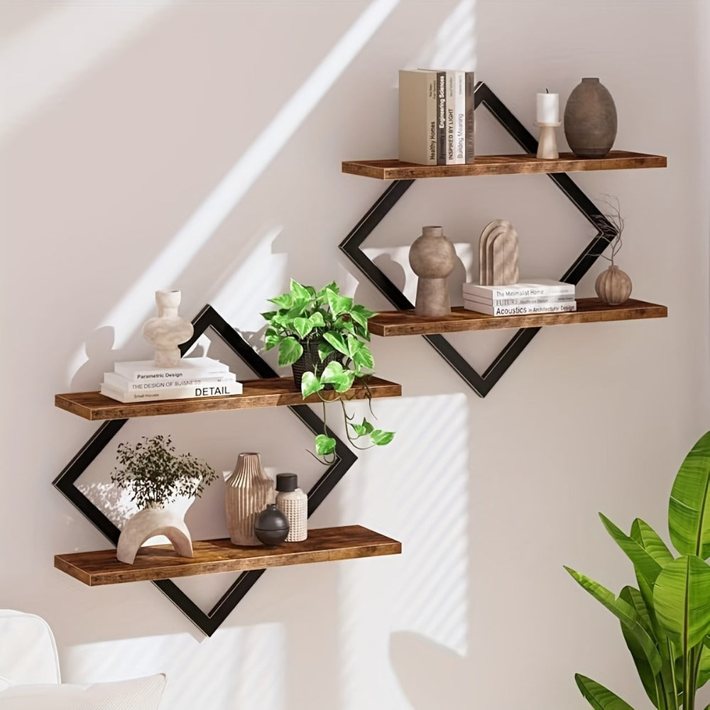 Floating Wall Shelves Double Layer Geometric Diamond Metal Wire Wood Display Stand Industrial Style for Living Room Kitchen 2 4 Pack