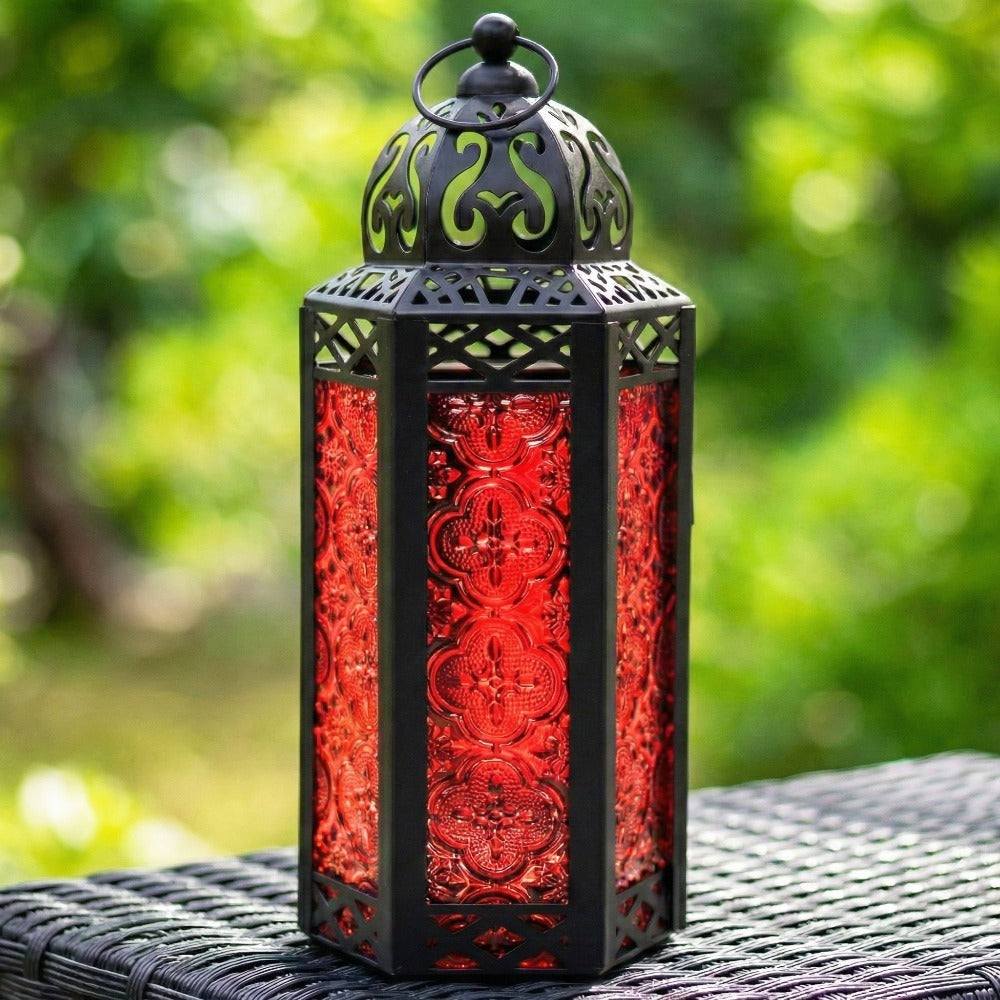 Moroccan Candle Lantern Holder - Decorative Metal & Glass Lantern with Embossed Floral Design for Indoor Home Decor, Garden, Patio, Weddings, Ramadan, Halloween & Holiday Celebrations - 10.5¡± Tall Medium Size