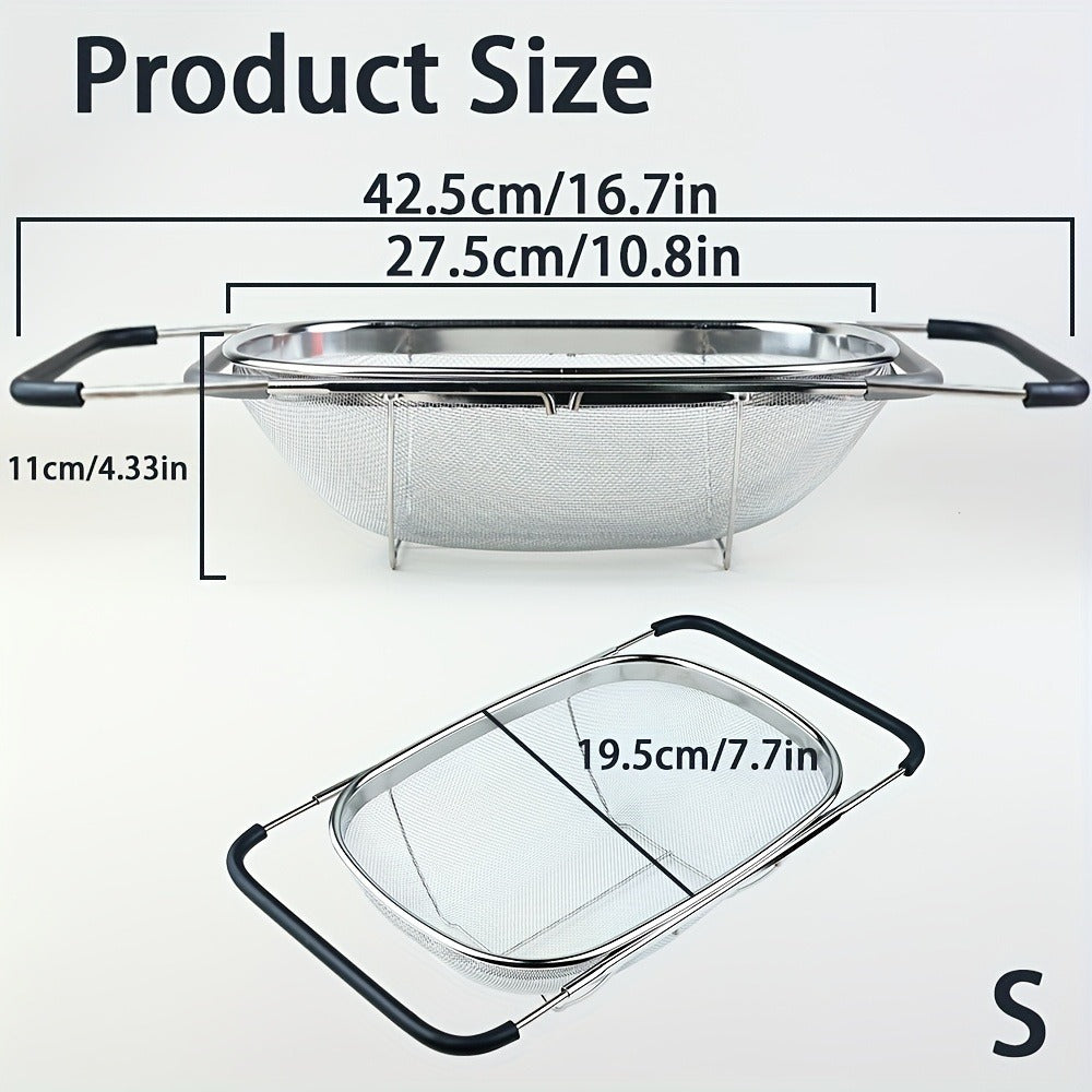 Expandable Sink Colander Stainless Steel ¨C Over the Sink Strainer Basket with Fine Mesh & Rubber Grip, Adjustable Kitchen Drain Strainer for Vegetables, Fruits & Pasta, Small & Large Size