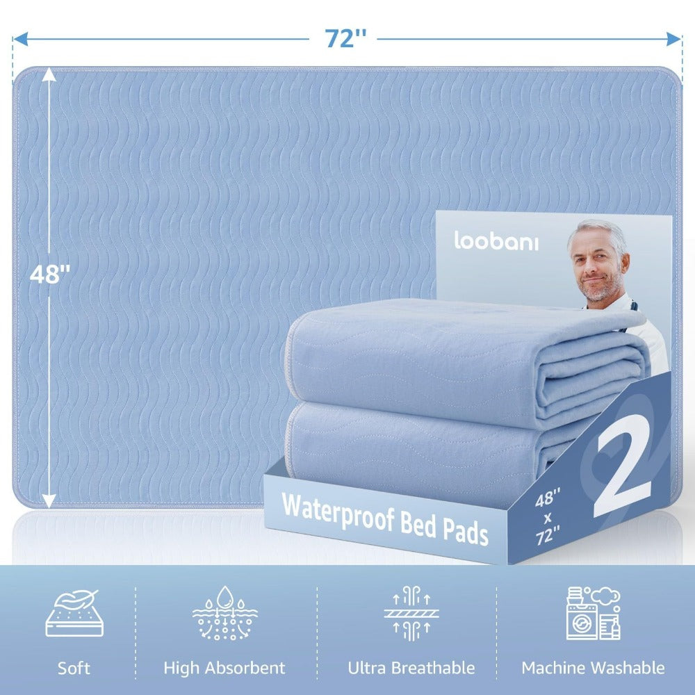 Washable Waterproof Bed Pads 2 Pack - Heavy Absorbency Reusable Incontinence Mattress Protector for Adults, Elderly & Pets | Bed, Sofa, Chair