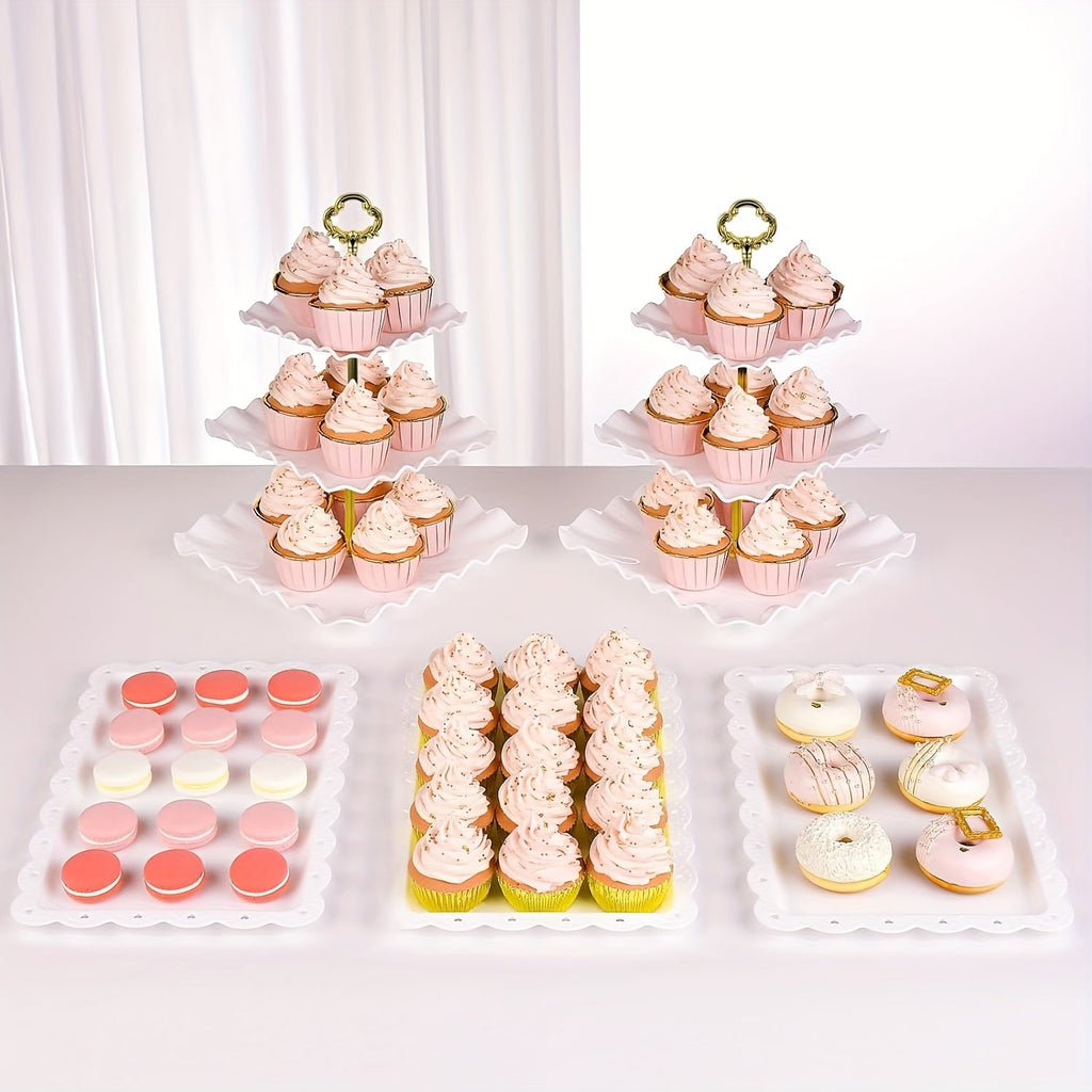 Cake Stand Set 5 Piece ¨C 2 Square Three-Tier Cupcake Stands & 3 Appetizer Trays for Birthday, Baby Shower, Bridal Shower, Christmas, Halloween Party Dessert Display