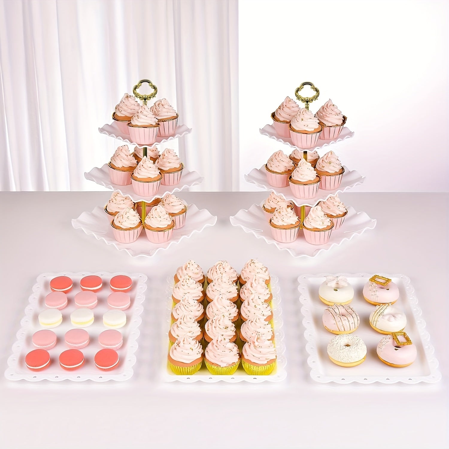 Cake Stand Set 5 Piece ¨C 2 Square Three-Tier Cupcake Stands & 3 Appetizer Trays for Birthday, Baby Shower, Bridal Shower, Christmas, Halloween Party Dessert Display