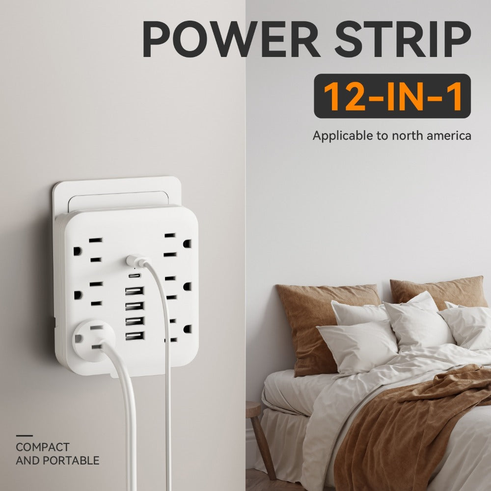 Wall Power Strip 12-in-1 with 6 AC Outlets & 6 USB Ports (2 USB-C) ¨C Compact Space-Saving Plug, 110-130V US Plug for Home & Office ¨C White & Black