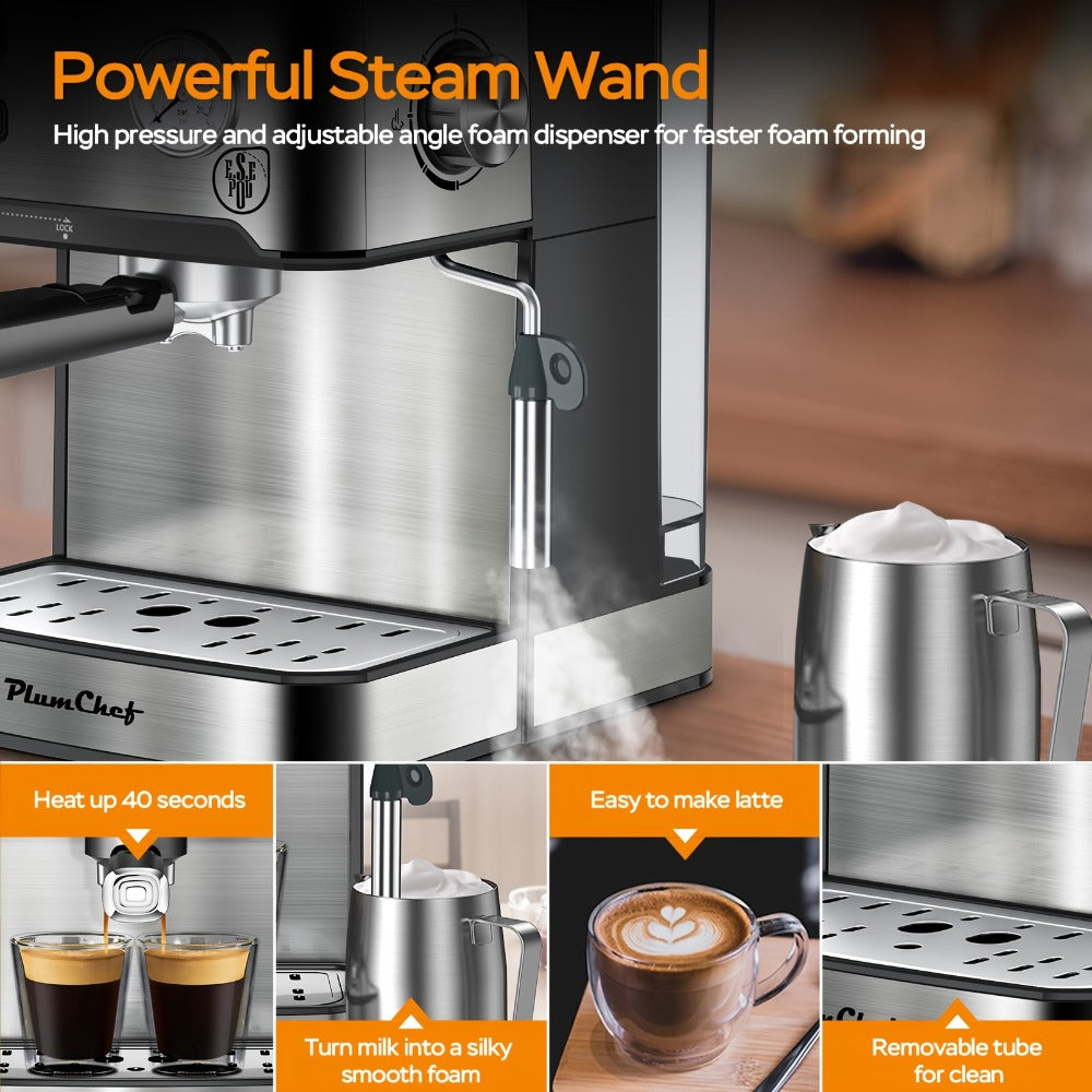 20 Bar Espresso Machine 950W ¨C Stainless Steel Espresso & Cappuccino Latte Maker with Steam Wand Milk Frother, 49.03oz Water Tank, ESE Pod Filter, Home Barista Coffee Machine ¨C Black, Pressure Gauge