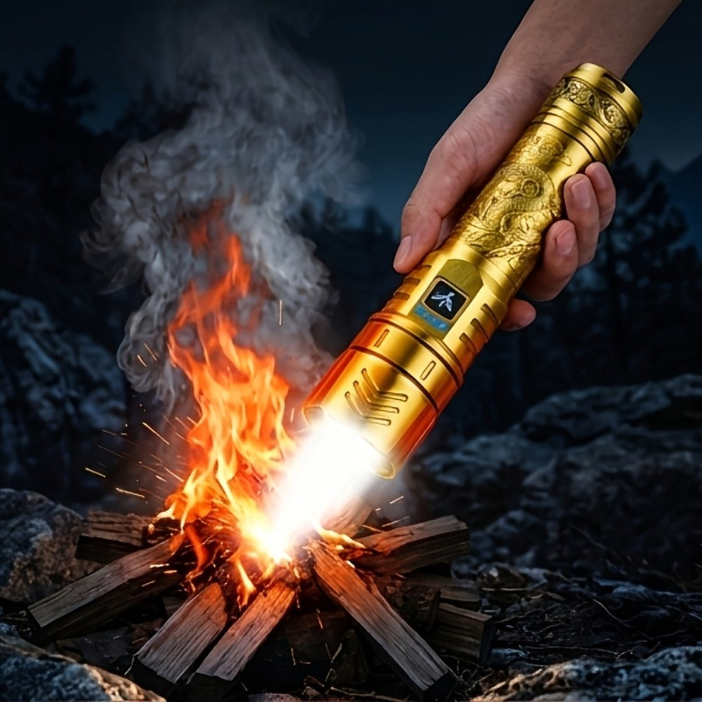 Tactical LED Flashlight 5000mAh Rechargeable Zoomable with Ignition Lens ¨C 4 Modes High Brightness Golden Dragon Pattern Spotlight for Camping Outdoor Hiking Emergency Household Use