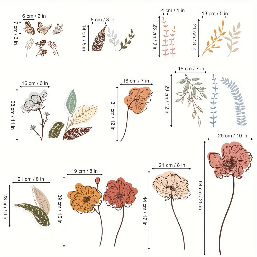 Bohemian Floral Wall Decals Self-Adhesive Wildflower Stickers for Living Room Bedroom TV Wall Art Decor ¨C Flowers & Fruits Peel and Stick Removable Wall Stickers Home Decoration