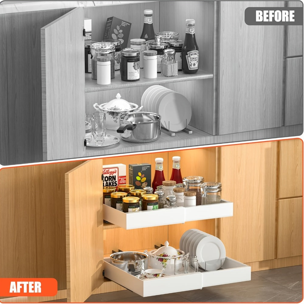 Expandable Pull-Out Cabinet Organizer Under Sink Storage Drawer Rack 2-Pack Adjustable Kitchen Shelf Organizer for Pots Pans Spices