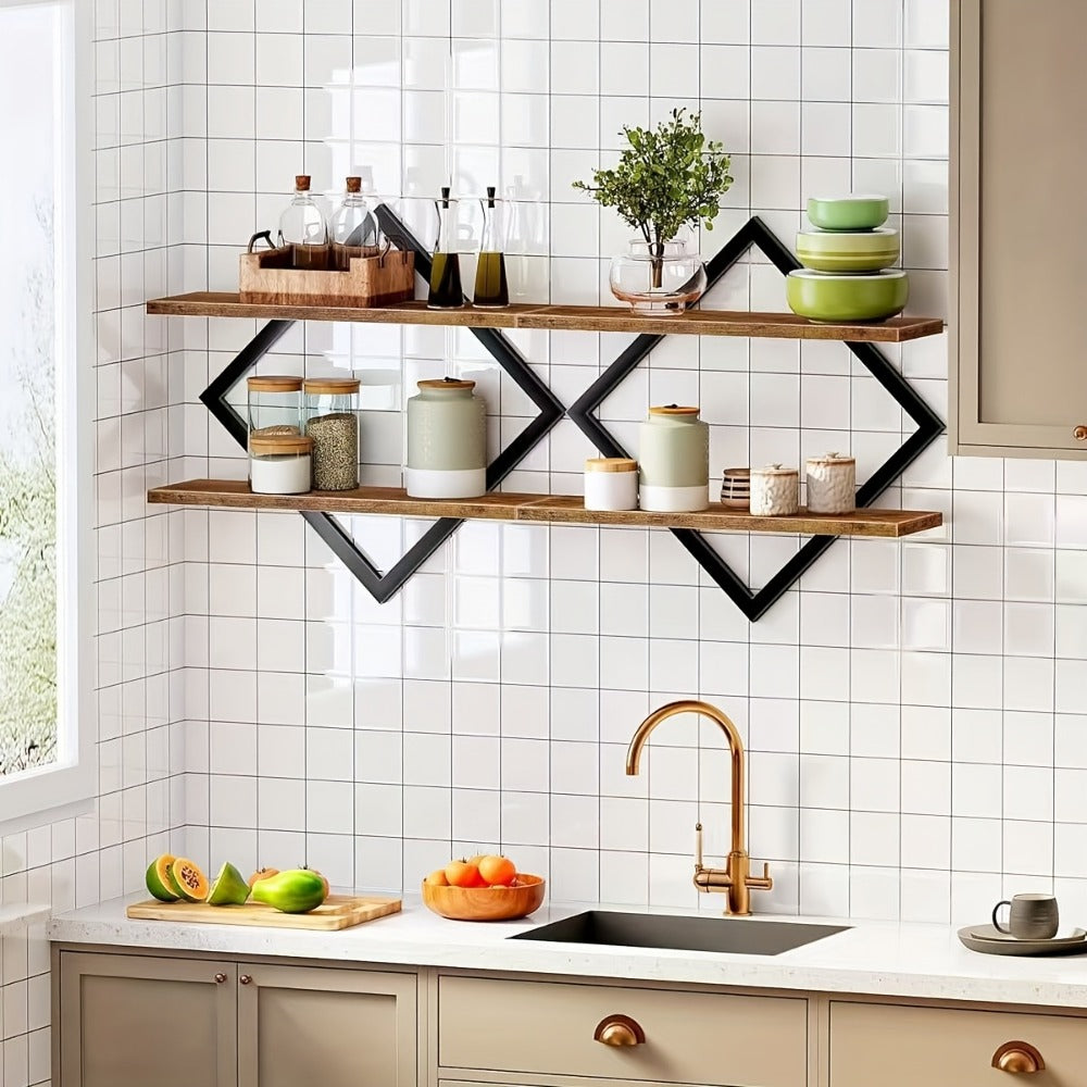 Floating Wall Shelves Double Layer Geometric Diamond Metal Wire Wood Display Stand Industrial Style for Living Room Kitchen 2 4 Pack