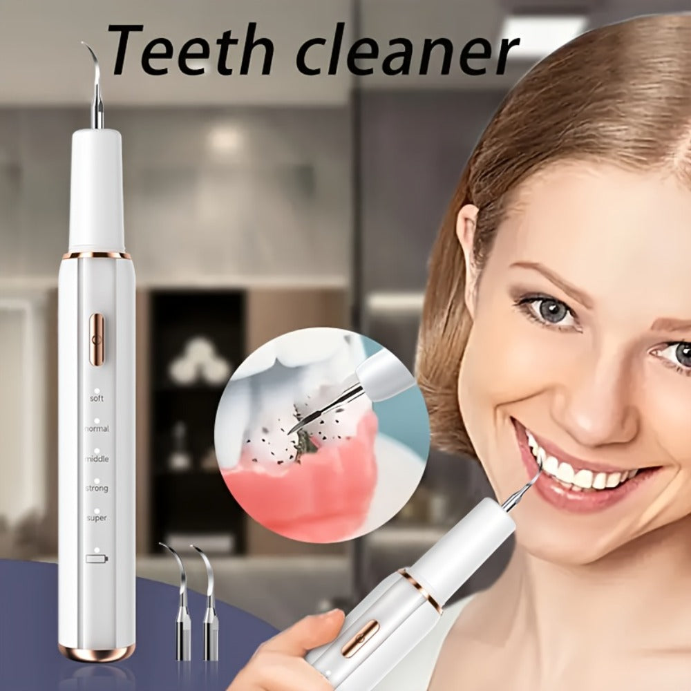 Electric Tooth Cleaner Tartar Remover Rechargeable - 5 Speed Modes, LED Light, USB Charging, 2 Replaceable Brush Heads, Dental Plaque Scraper for Teeth Whitening, Stain & Tartar Removal, Dental Mirror