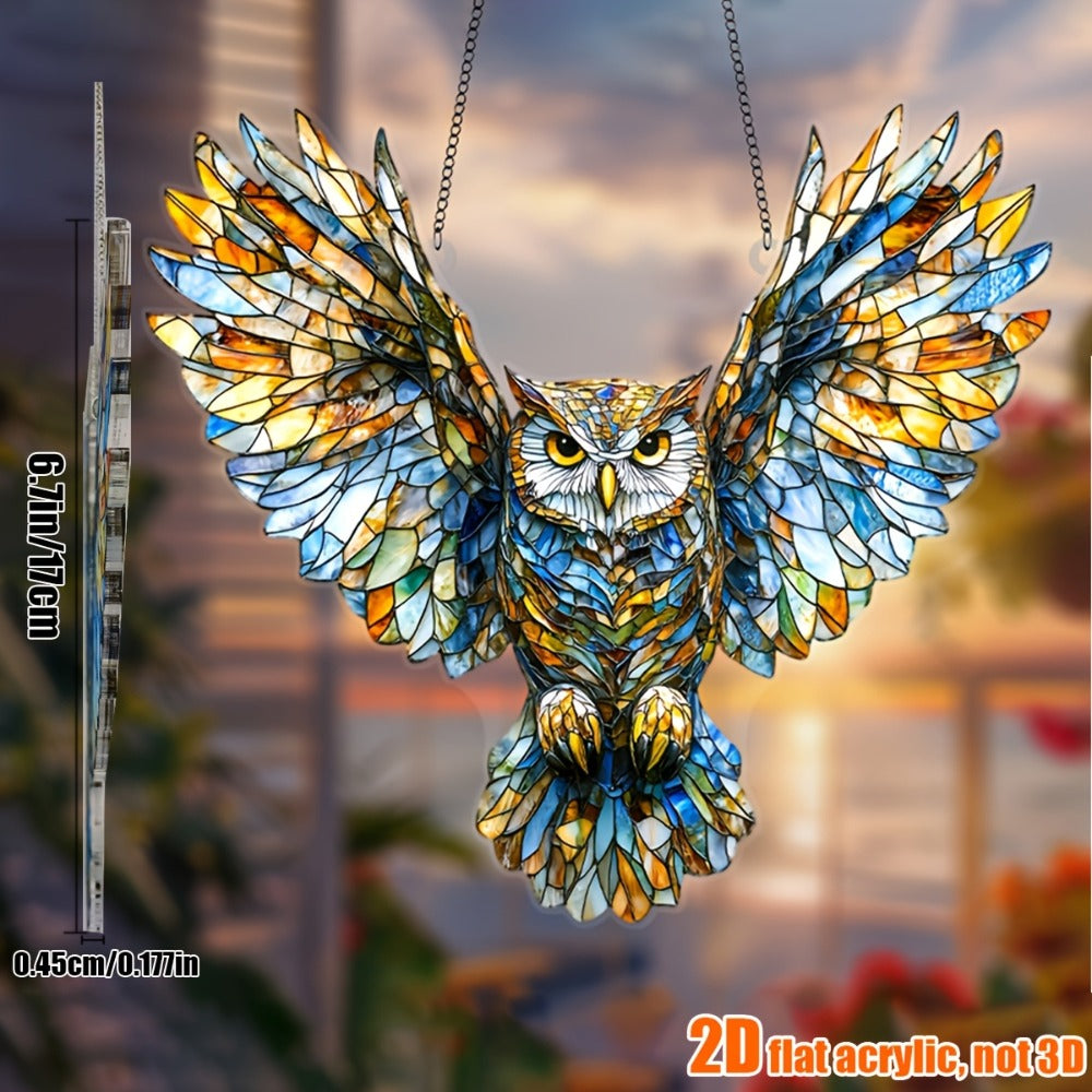 Owl Hanging Ornament Colorful Acrylic 6.7¡±x8¡±, 2D Flat Animal Wall Art Decoration for Christmas Tree, Home, Office & Outdoor, Unique Birthday & Anniversary Gift for Her ¨C Boho Bird Decor (1pc)