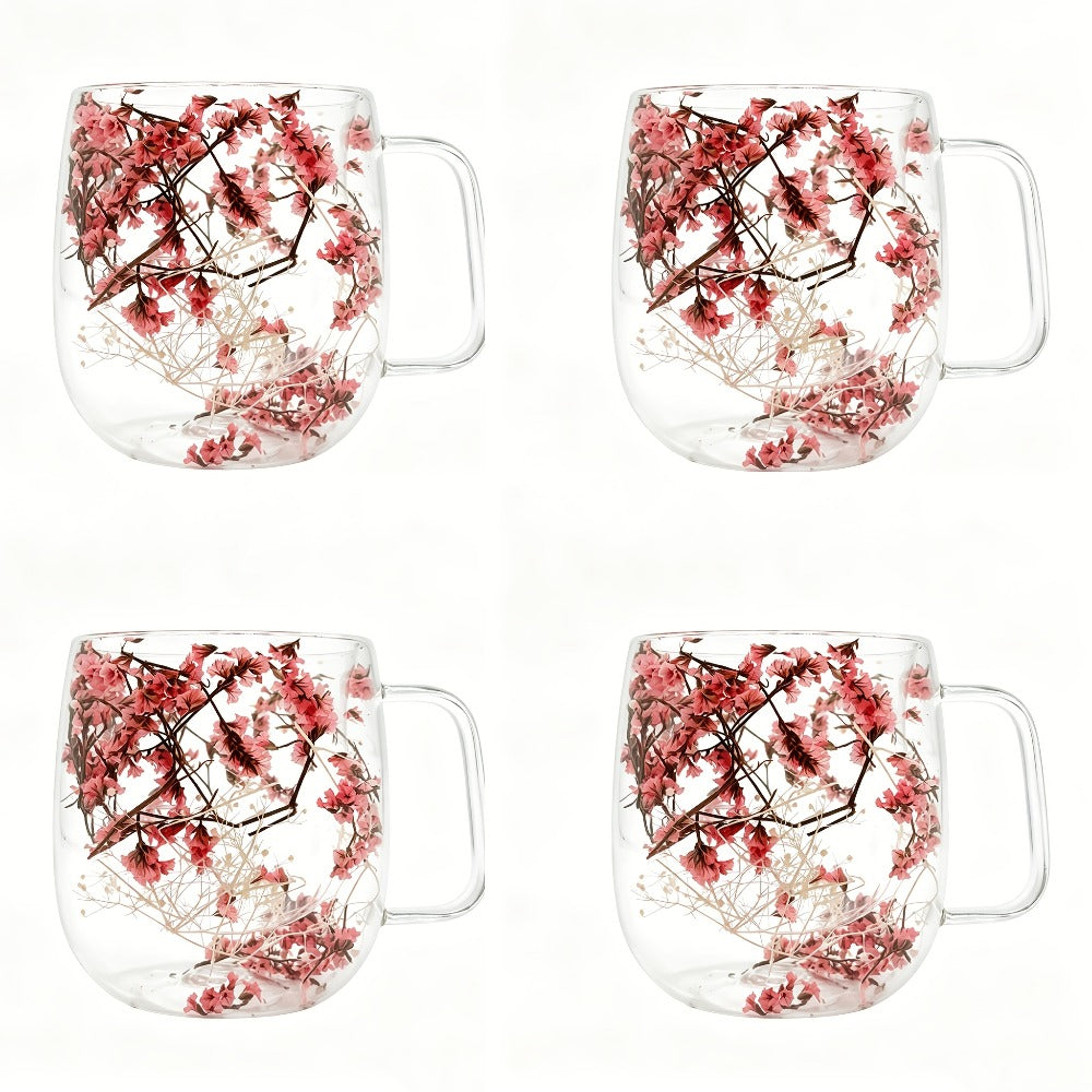 Double Wall Glass Coffee Cups with Handle Set of 4 ¨C Borosilicate Thermal Mugs for Latte Cappuccino Tea | Dried Flower & Petal Design Transparent Drinkware for Office Home Gifts