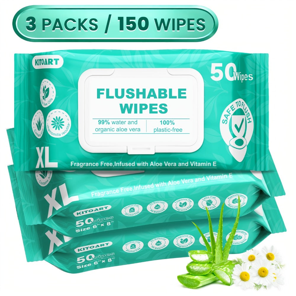 Flushable Wet Wipes Adult XL Unscented No Alcohol Septic Safe Toilet Wipes Portable Family Size for Bathroom Outdoor Camping Travel Hygiene 150 or 300 Wipes 3 or 6 Pack